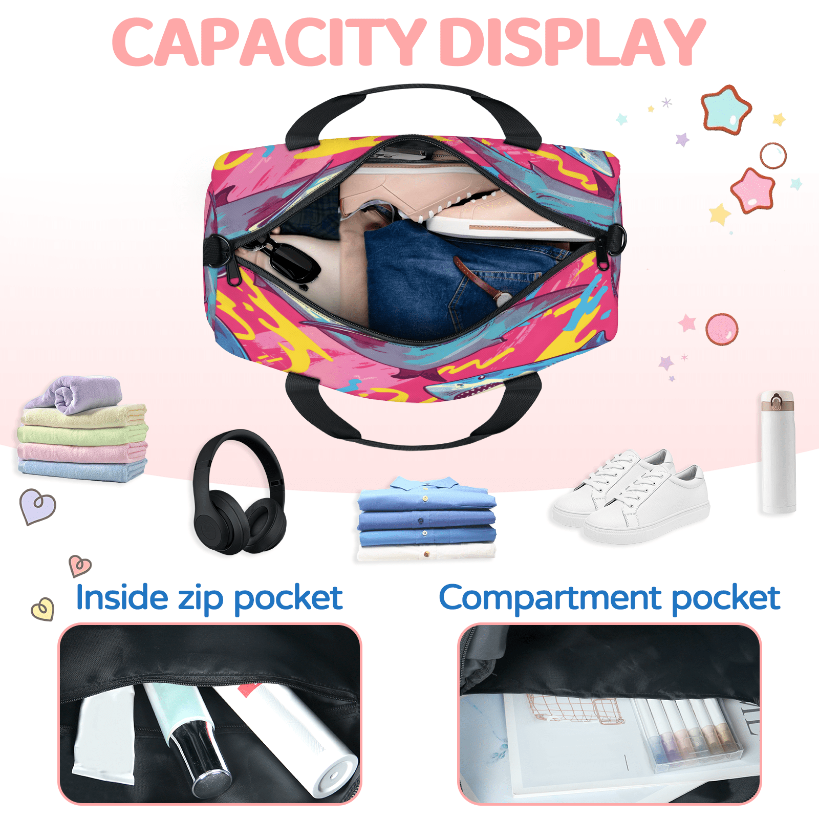 Herdesigns Ocean Sharks Gym Bag for Women, Duffle Bag for Travel Sport, Ocean Animal Lightweight Waterproof Carry on Weekender Dance Yoga Workout Bags