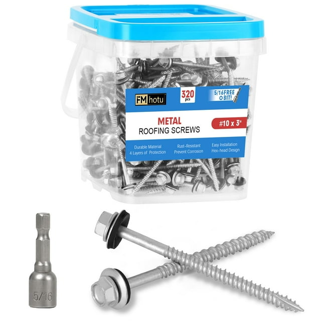 FMhotu Metal Roofing Screws #10Ã3Inch, 320-PCS, Hex Head Rustpert Coating Sheet Metal to Wood Siding Screw with EPDM Rubber Washer, Sharp Point, Hex Socket Included