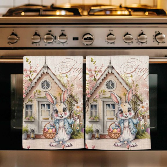 Easter Bunny Eggs Kitchen Towels Set of 3, Spring Pink Flowers Country Cabin Beige Absorbent Dish Towels for Kitchen, Microfiber Hand Towel, Quick Drying Tea Towel for Cleaning Decorative Dishcloths