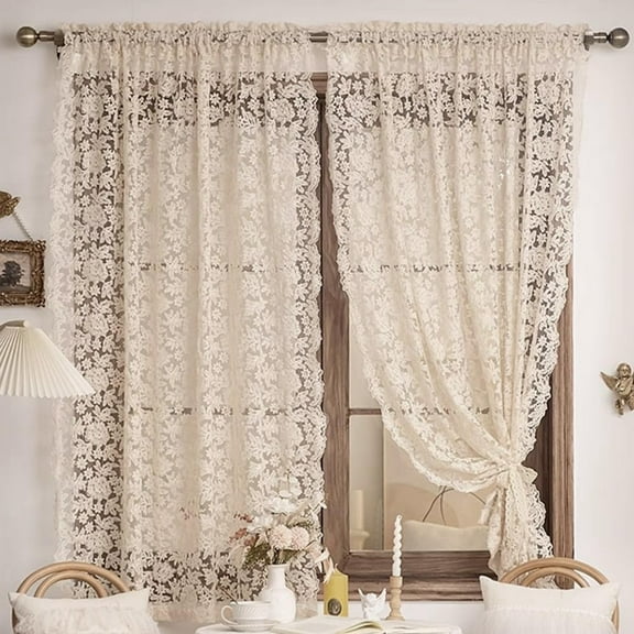 Joqmia Elegant Floral Lace Sheer Curtains, Vintage Embroidered Voile Panels for Bedroom Living Room Kitchen, 2-Pack Rod Pocket Light Filtering Window Drapes