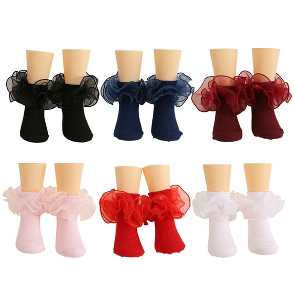Xmarks Baby Girls Ruffle Socks Double Lace Frilly Dress Socks Kids Turn Cuff Socks for Girls 6 Pairs 0-10Y