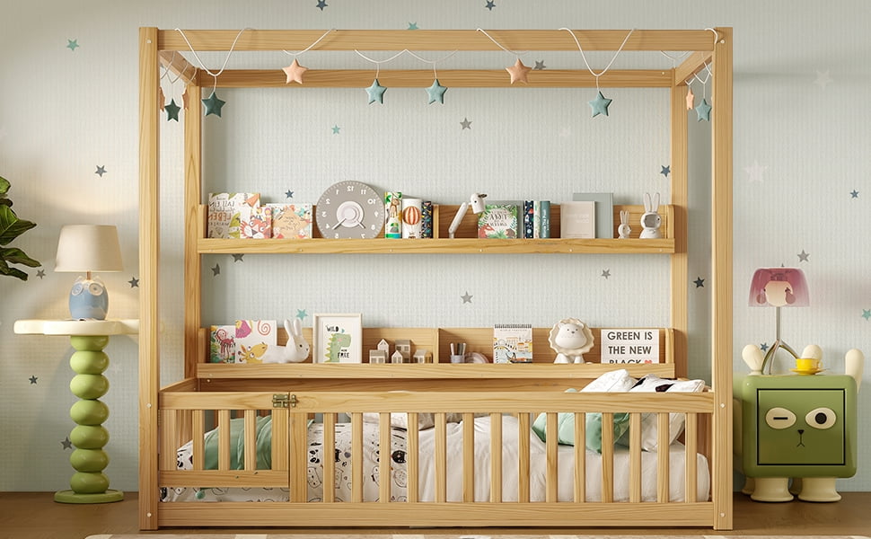 Mintazer Twin Floor Canopy Bed with 4 Shelves & Guardrails, Wood Montessori Floor Bed Frame for Kids, Boys, Girls, No Spring Box Needed, Natural