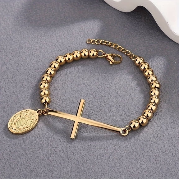 14K Gold Plated Catholic Rosary Bead Cross Bracelet with St. Benedict & Virgin Mary Pendants - Religious Jewelry for Men & Women