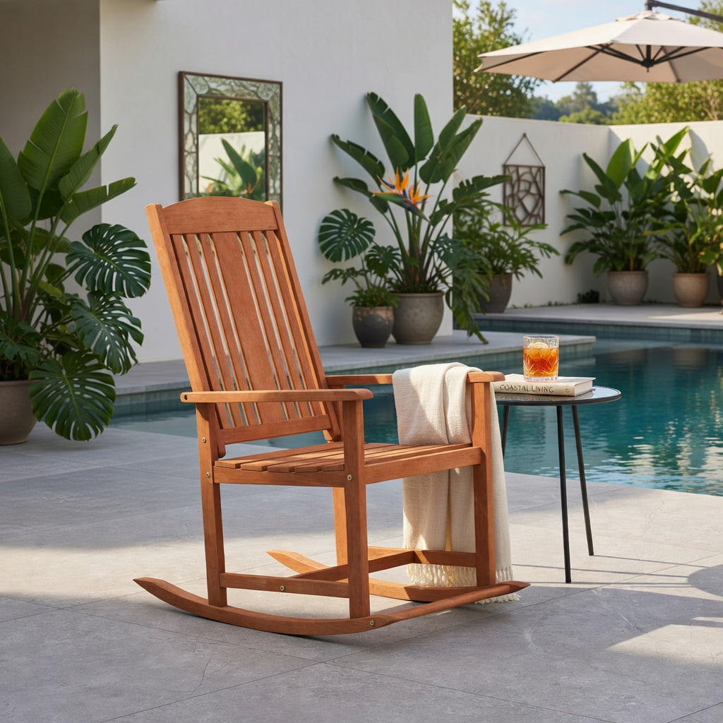 Hommoo Solid Wood Outdoor Rocking Chair, High-Back Porch Rocker with Slatted Seat, Easy Assembly for Patio, Deck & Poolside, Natural
