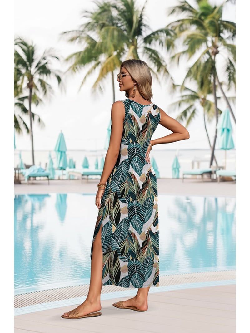 maxi dress for summer vacation Wiholl Maxi Dress Summer Dresses 2026 Beach Vacation Clothes Sleeveless Sundresses with Pockets, Women's, Size: Large