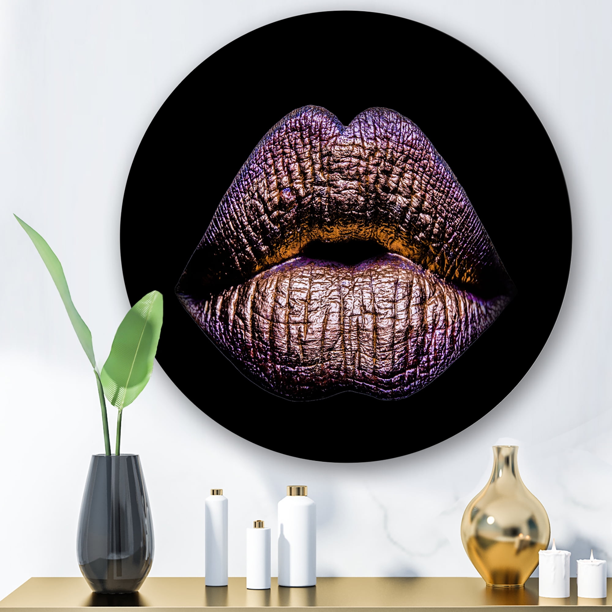 Designart 'Sexy Golden Metallized Woman Lips V' Modern Circle Metal Wall Art 11x11 - Disc of 11
