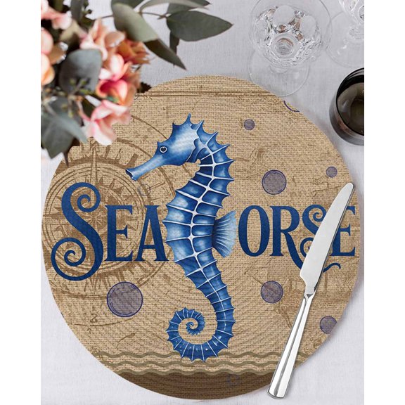 13 Inch Round Placemats Set of 6, Vintage Seahorse Non Slip Heat Insulation PP Table Mats, Brown Nautical Anchor Bubbles Coastal Washable Place Mats for Kitchen Dining Party Table Decor
