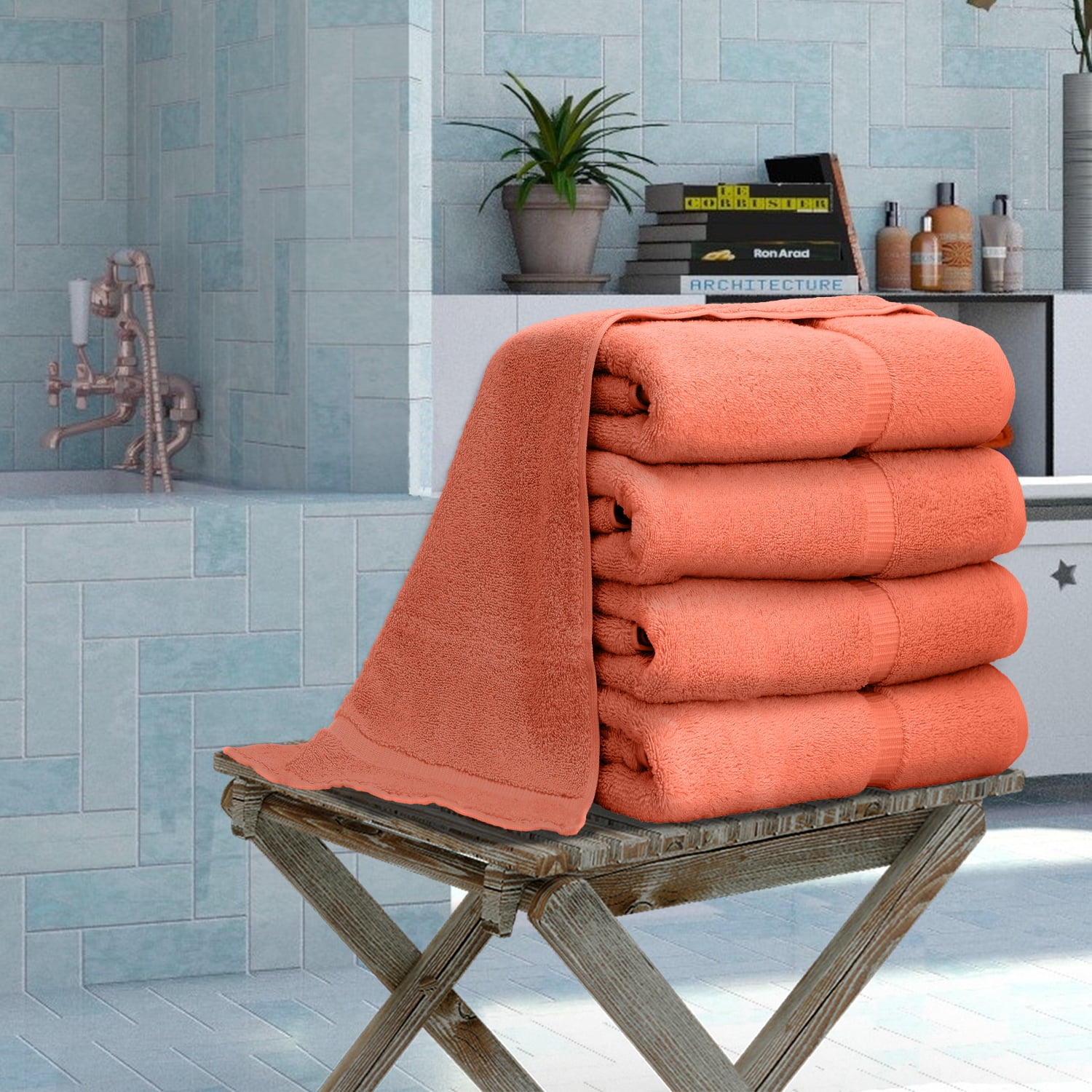 Luxury Hotel & Spa Collection Highly Absorbent, Quick Dry 100% Turkish Cotton 700 GSM, Eco Friendly Towel, for Bathroom Dobby Border Soft Bath Towel Set 27 X 54 -Coral, Bath Towels - Set of 4