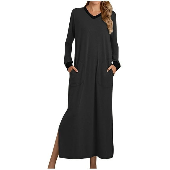 Qingpeng Women's Long Sleeve Nightgown Pleated Long Sleepwear V Neck Sleepshirts Full Length Loungewear with Pockets