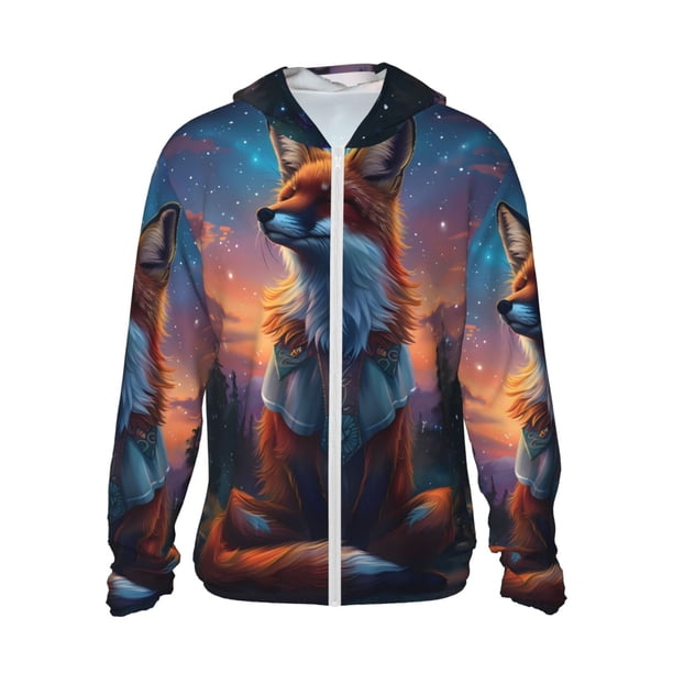 Balery Starry Sky Meditating Fox Sudadera ligera de manga larga con capucha y protección solar UPF 50+ para hombre y mujer, ideal para pesca y running-Small