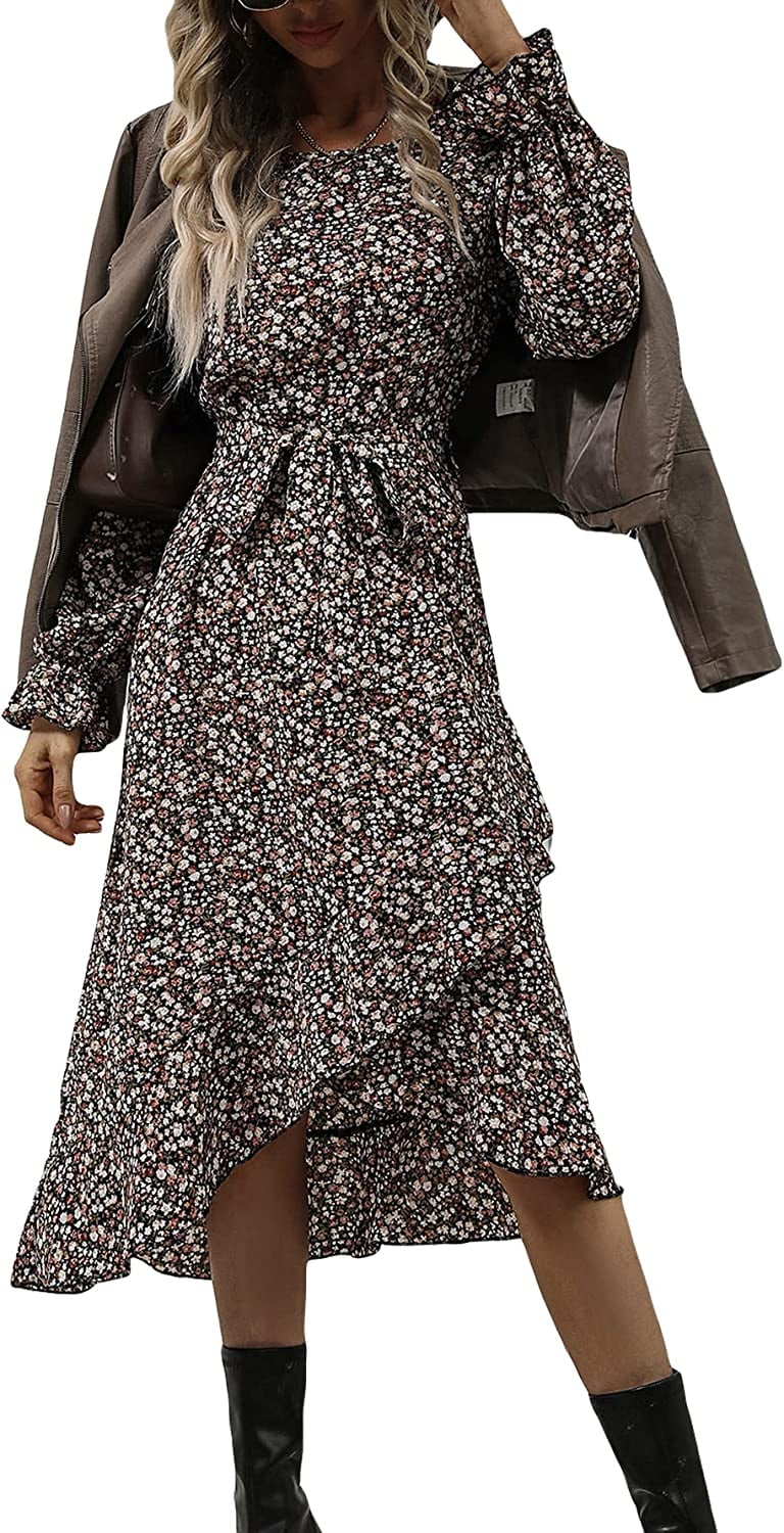 floral print ruffle trim belted dress