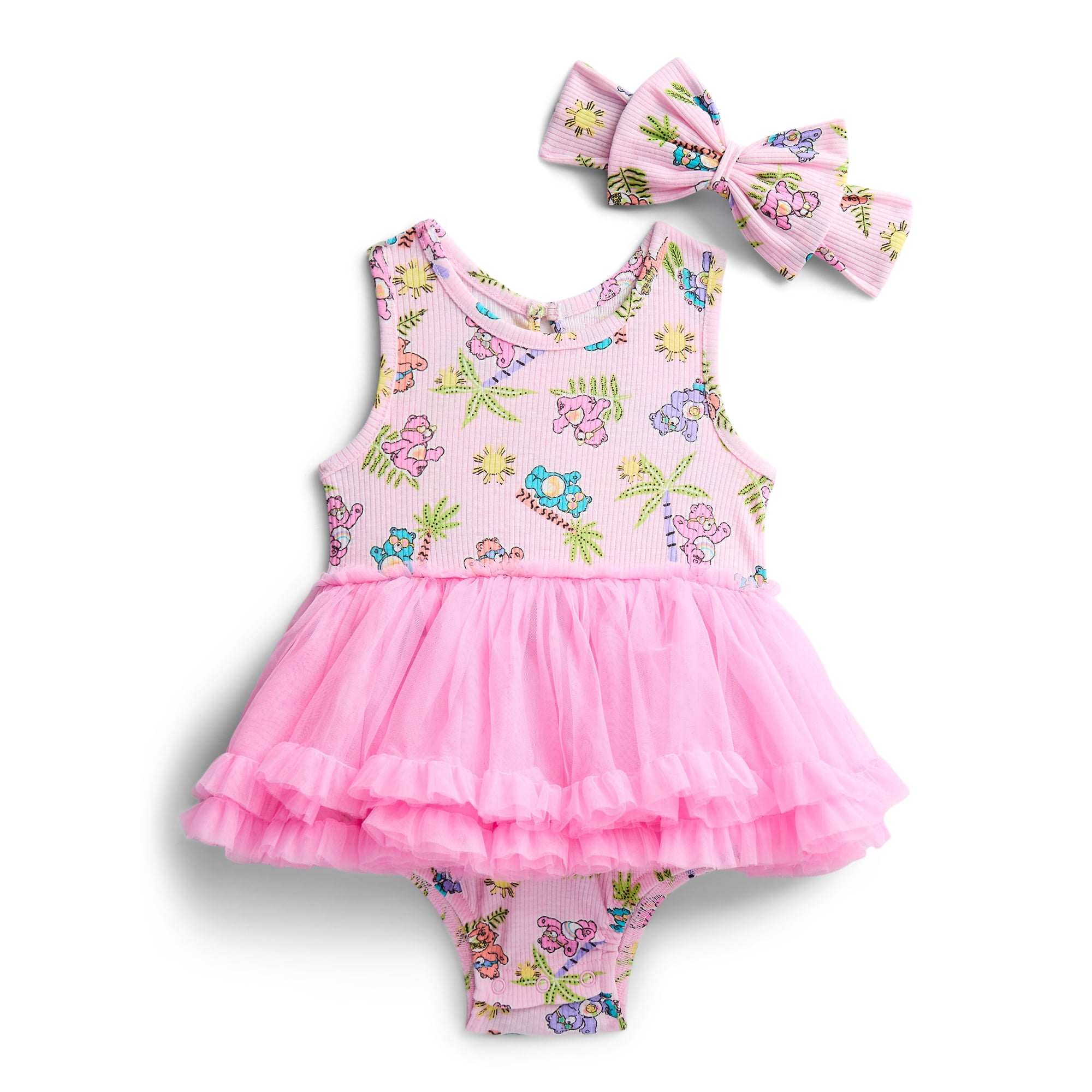 Care Bears Baby Girls Sleeveless Allover Print Tutu Dress with Matching Bow Headband, Sizes 0/3M-24M