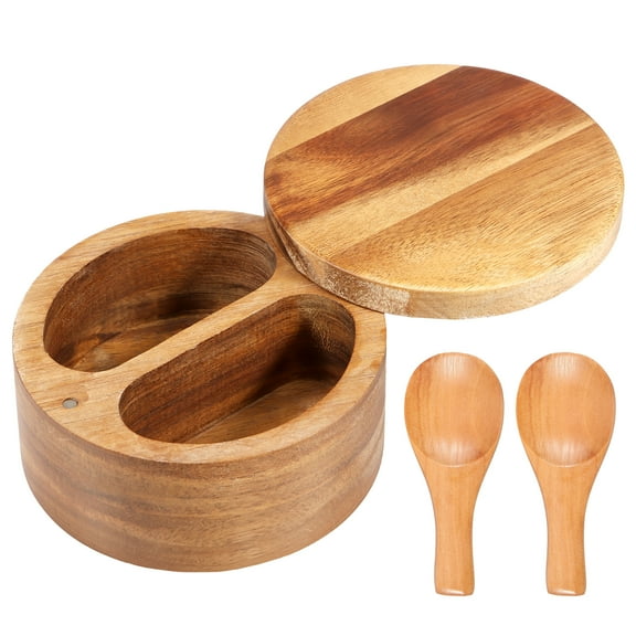 Salt and Pepper Bowl Acacia Wood Salt and Pepper Box with Rotating Magnetic Lid 2 Compartments Salt and Pepper Cellar with Spoons Practical Salt Spice Box for Home Kitchens