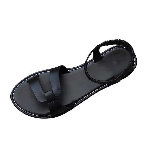 HomeDM Flat Sandals for Women Open Toe Elastic Ankle Strap Dressy Comfortable Summer Beach Slide Sandals, Black Size 9.5