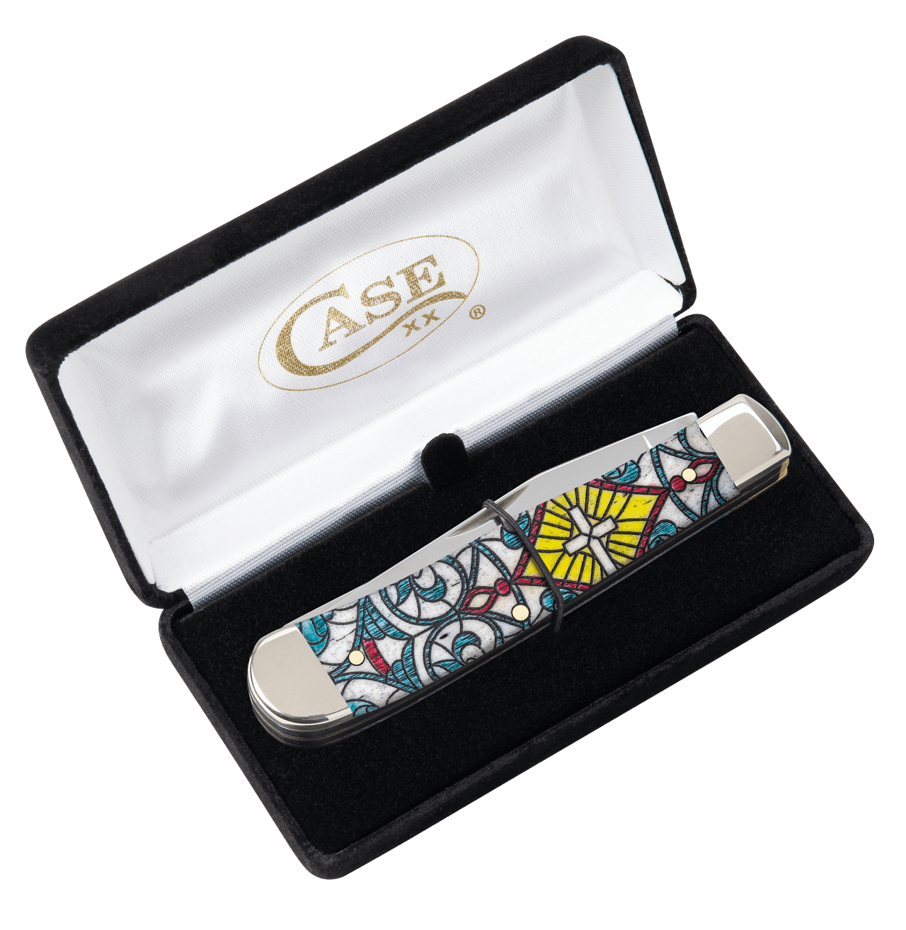 Case XX Knives Case XX Stained Glass Cross Natural Bone Trapper Folding Knife