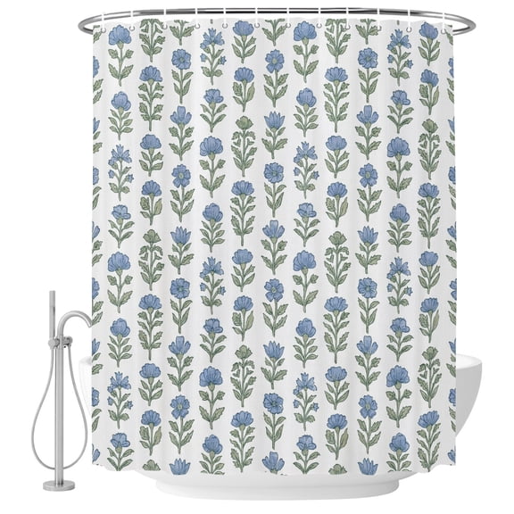 Small Stall Shower Curtain 36x78 Inch Narrow Half Size Blue Flowers Bath Curtains Bathroom Decor, Spring Botanical Garden Budding Floral Waterproof Fabric Shower Curtain Set with Hooks 36 Inch