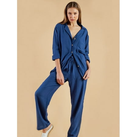 

QWZNDZGR Hiloc 2023 Sleepwear Cotton Single Breasted Women s Winter Pajamas Pocket Three Quarter Sleeve Nightwear Women Pajama Set Female
