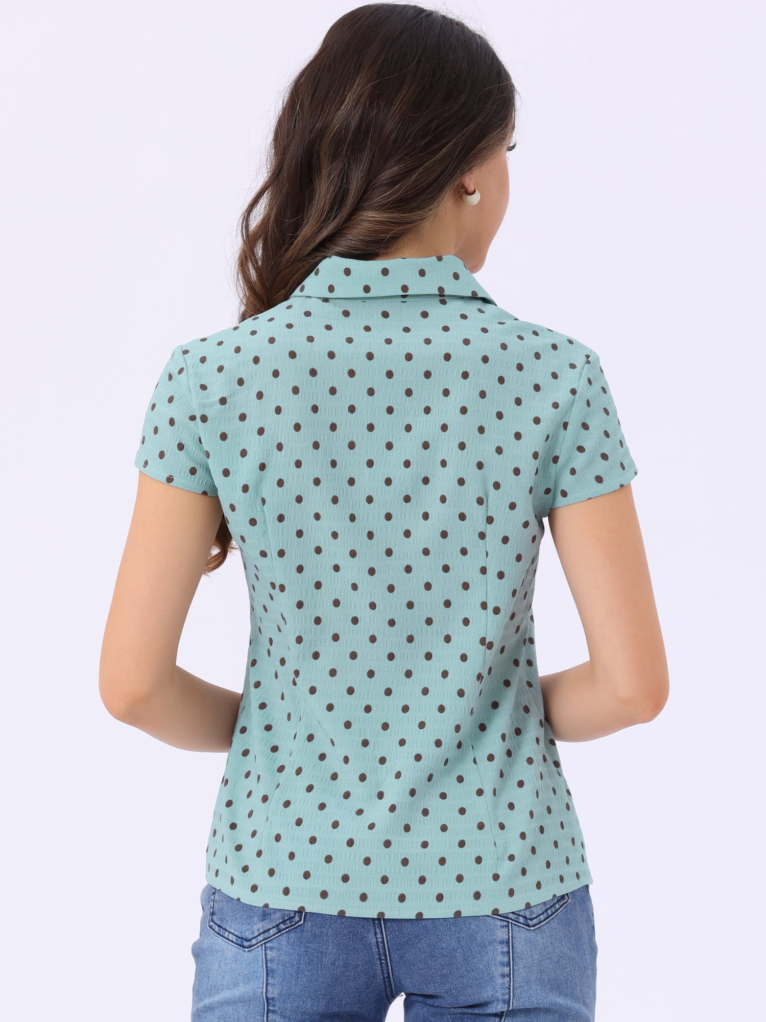DARING DIVA Women's Polka Dots Shirt Retro Short Sleeve Button Up Top L Dusty Blue