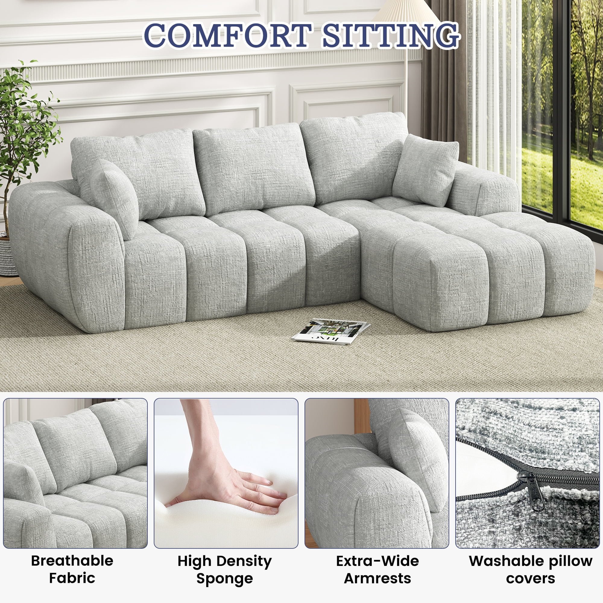 101" Cloud Sectional Couch with L-Shaped Chaise, Modular Sectional Sofa with Deep Seat, Comfy Corduroy Boneless Couches for Living Room, No Assembly Required, Pearl Gray