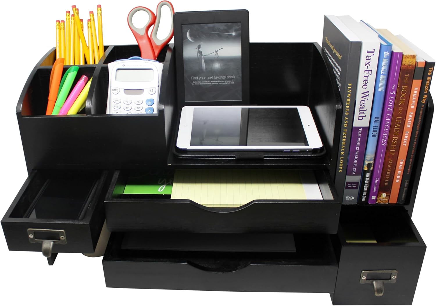 Adjustable Wooden Desk Organizer For Desktop, Tabletop, Office or Counter – Wood Storage Shelf Rack For Office Supplies, Desk Accessories, or Mail – Black