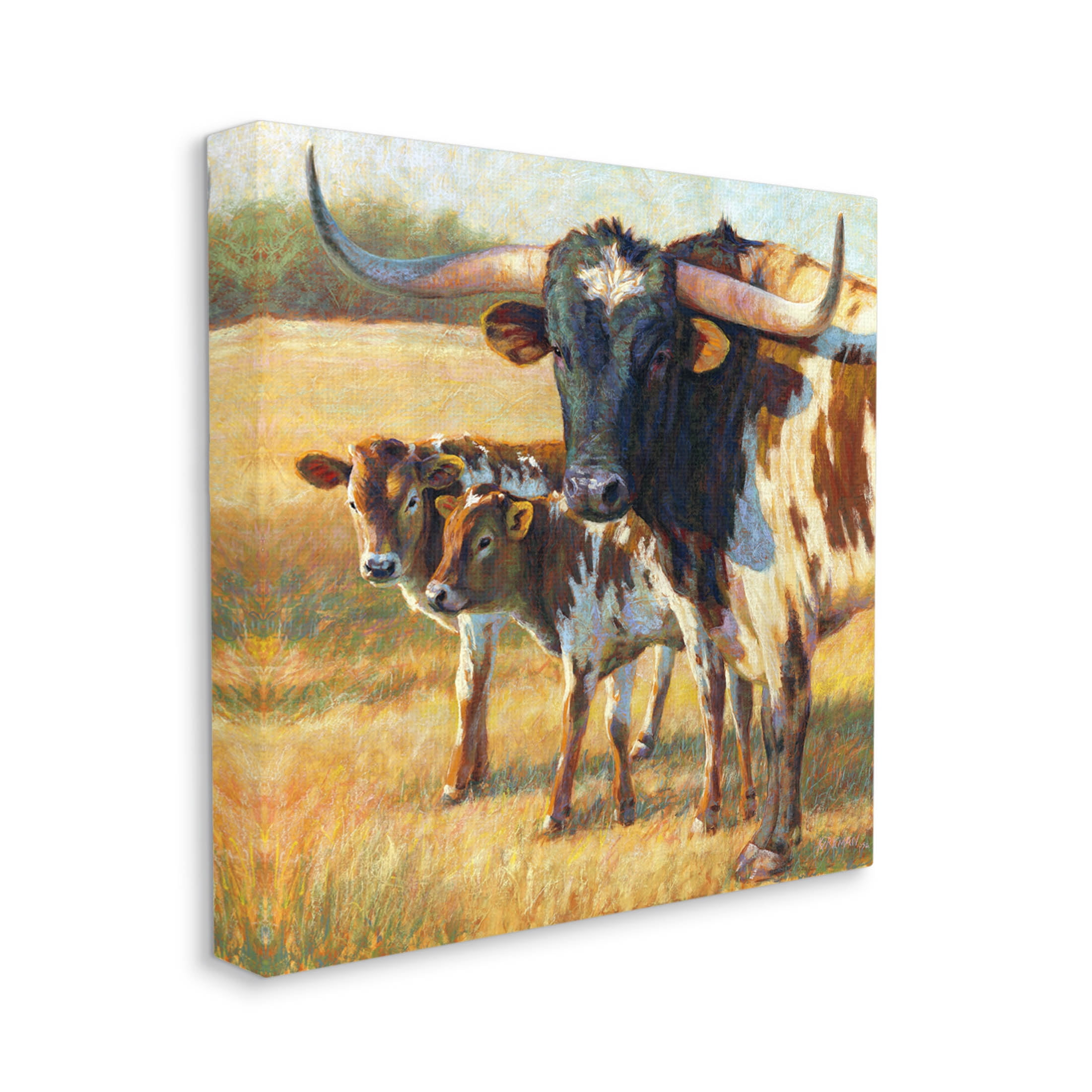 Longhorn Cattle Family Grassland Animals & Insects Painting Gallery Wrapped Canvas Print Wall Art