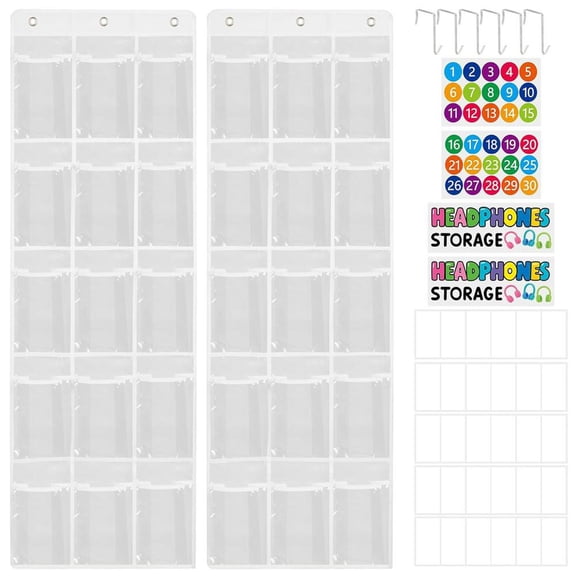 Classroom Headphone Storage Organizer W/ 30 Pockets, PVC Clear Classroom Pocket{