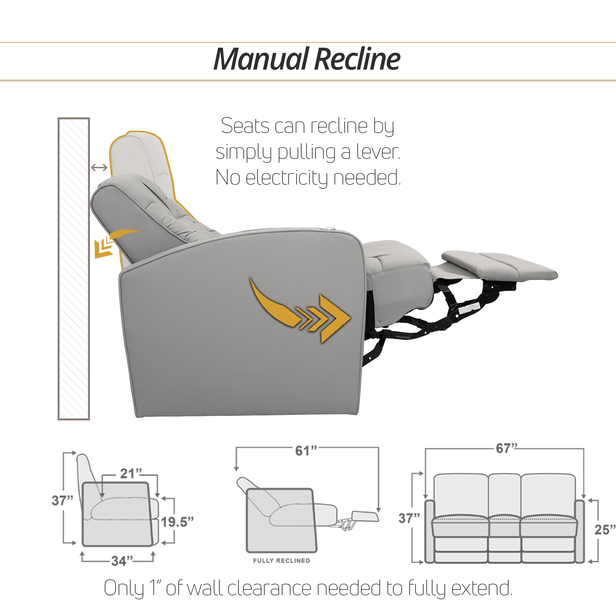 Qualitex De Leon RV Double Recliner Sofa, Ultimate Leather, Manual Recline, Ash