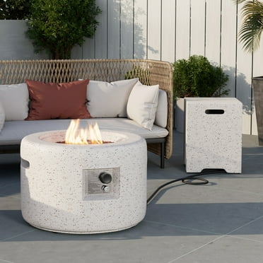 COSIEST 2-Piece Outdoor Propane Fire Pit Table Set, 25.6-inch Terrazzo White Round Fire Table (40,000 BTU) w 16 inches Tank Cover, Free Lava Rocks and Rain Cover