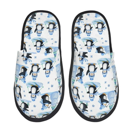 Balery Playful Penguins and Snowmen Slient Indoor Furry Fleece Comfort House Shoes Soft Non-Slip Home Shoes Cotton slippers House Slippers-- Medium
