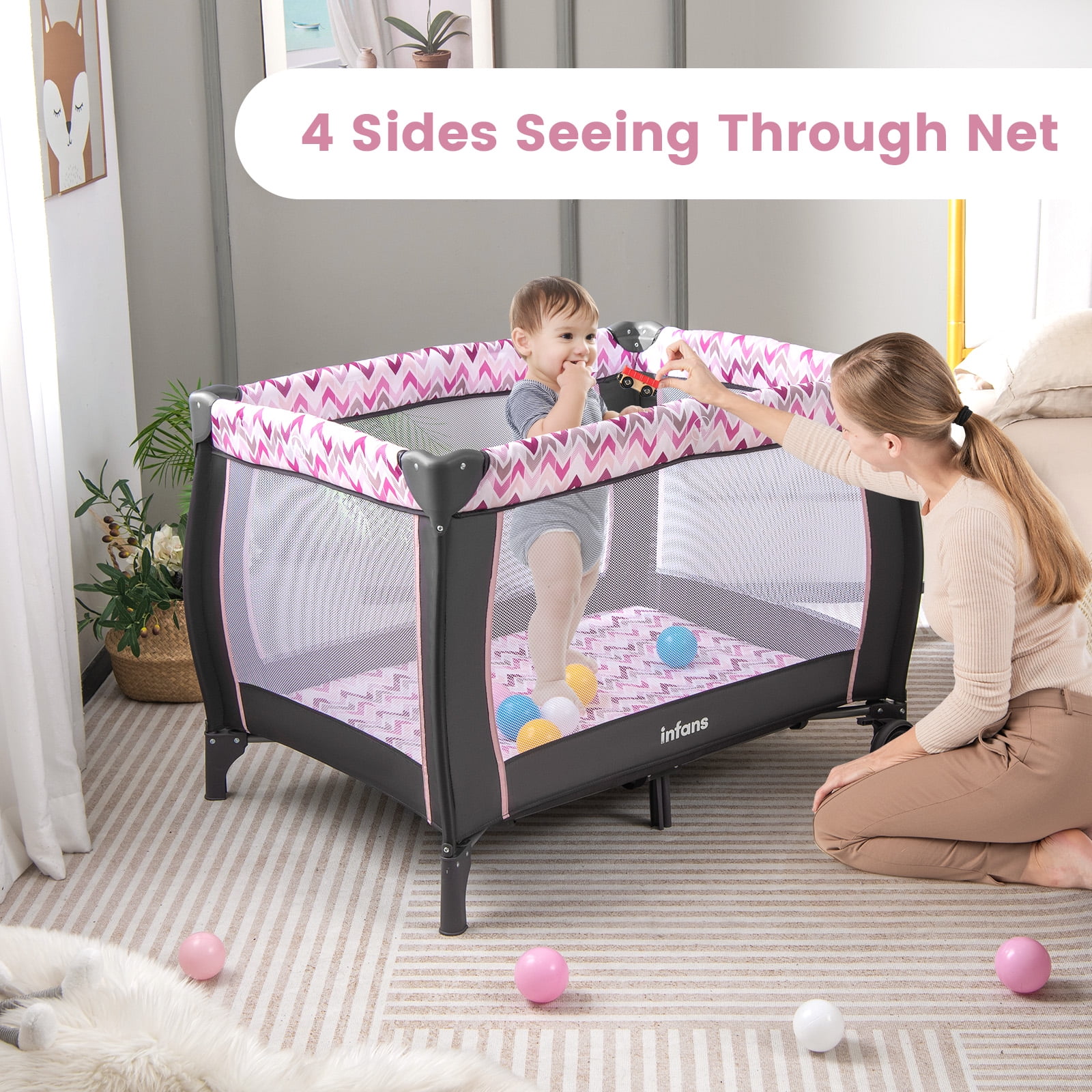 OLAKIDS 4 in 1 Pack and Play, Portable Travel Baby Playard with Bassinet, Changing Table, Canopy, Mosquito Net, Hanging Toys, Music Box, Storage Bag, Large Playpen from Newborn to Toddlers