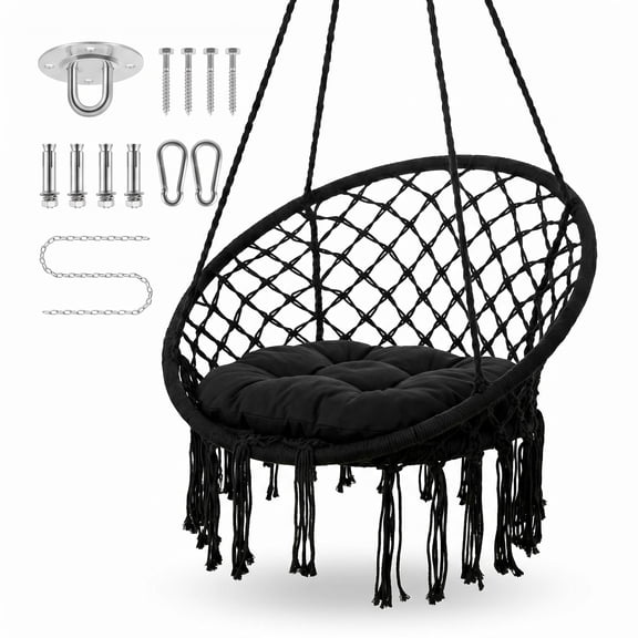 Tanfengu Chair Macrame Swing Chair with Cushion, 400lbs Weight Capacity, Hanging Chair Cotton Rope Hammock Chair Swing for Indoor and Outdoor Use, Black