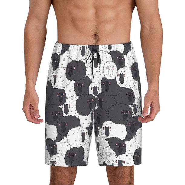 Balery Black And White Sheeps Pantalones cortos de pijama de punto de algodón para hombre con cinturilla y bolsillos-Medium