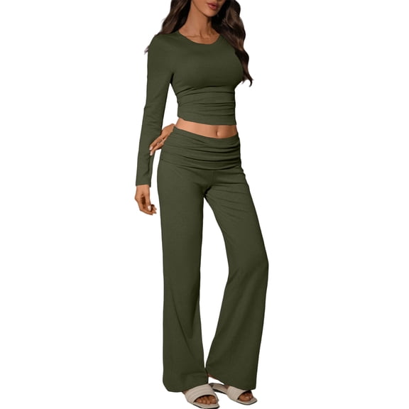Workout Sets for Women Matching Workout Sets for Women Active Sets for Women Women's Workout 2 Piece Lounge Sets Long Sleeve Tops Foldover Flare Pants Casual Outfits Tracksuit, Army Green-L