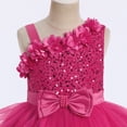 thumbnail image 5 of IBTOM CASTLE Toddler Kids Girls Pageant Sequin Flower Dress, Shiny Asymmetric Shoulder Formal Party Tiered Tulle Gowns 2-8T Red, 5 of 7