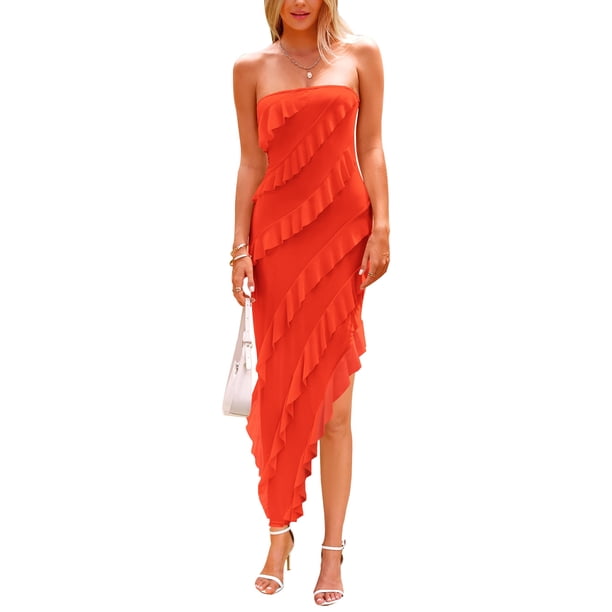 Vestido PRETTYGARDEN Maxi Naranja Sin Tirantes con Volantes XL