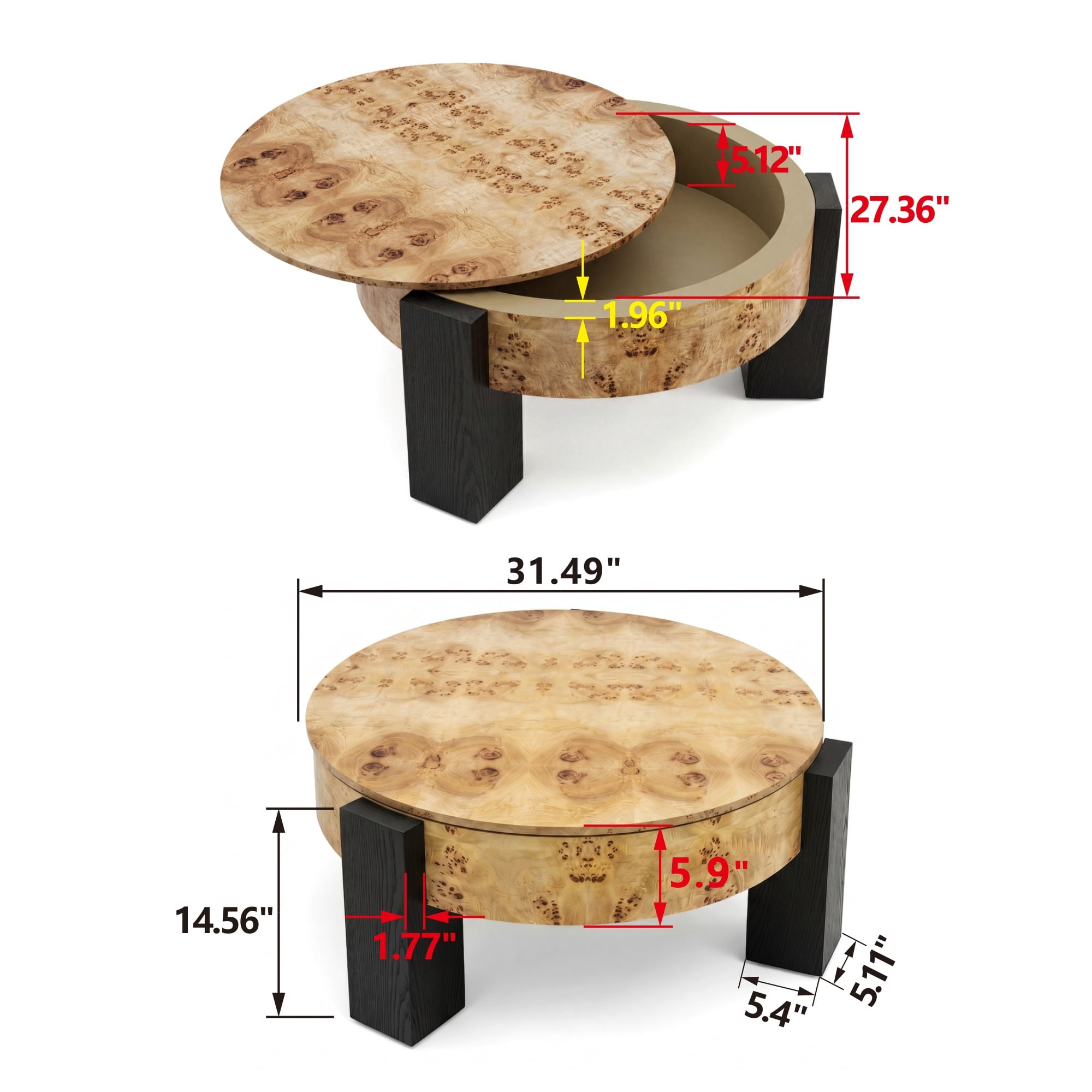 1PCS Round Coffee Table with Hidden Storage Compartment, Modern Wood Veneer Accent Center End Table with 3 Block Legs