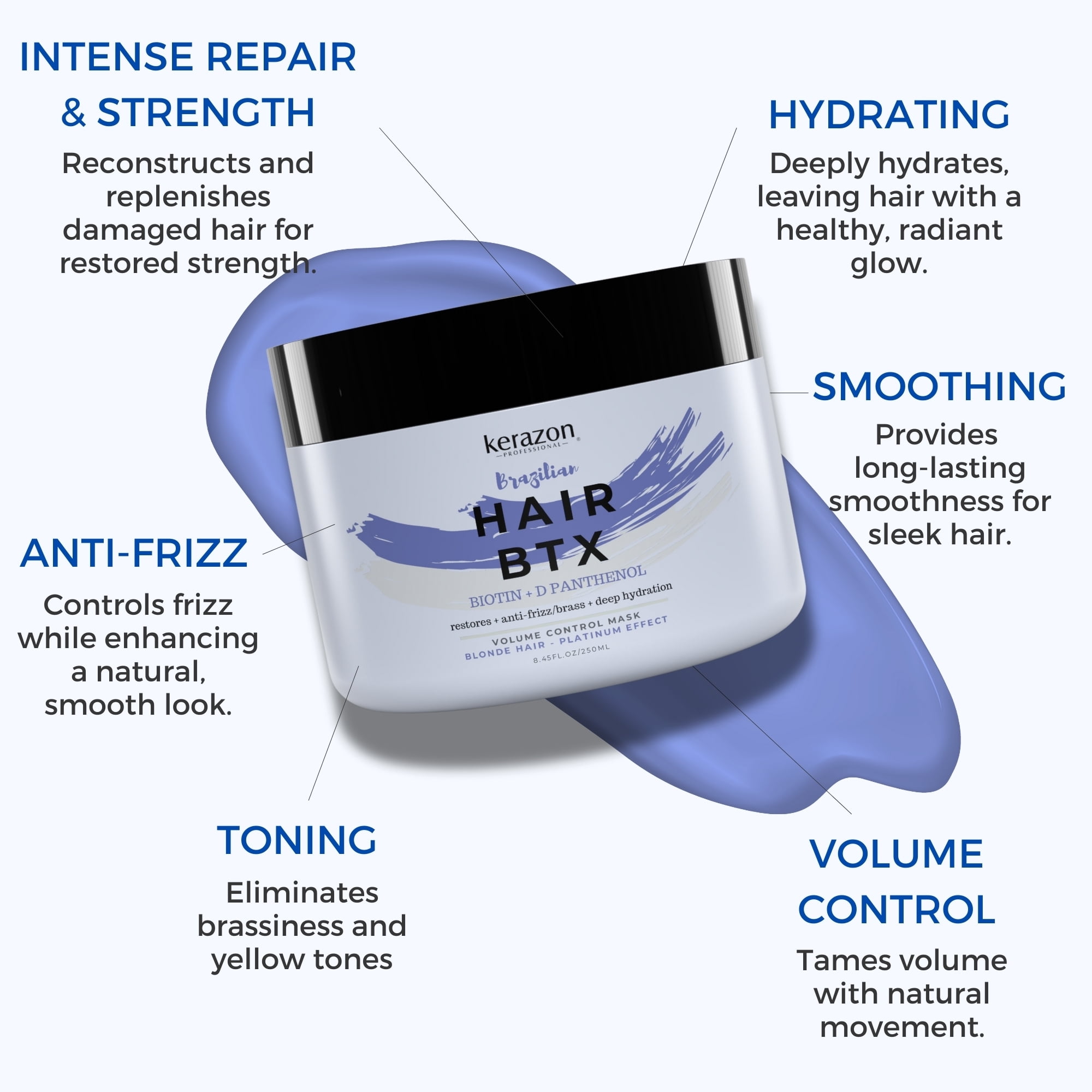 Kerazon Brazilian Hair BTX Smoothing Treatment Anti-Frizz Hair Mask with Volume Control and Platinum Effect for Blonde Hair 8oz