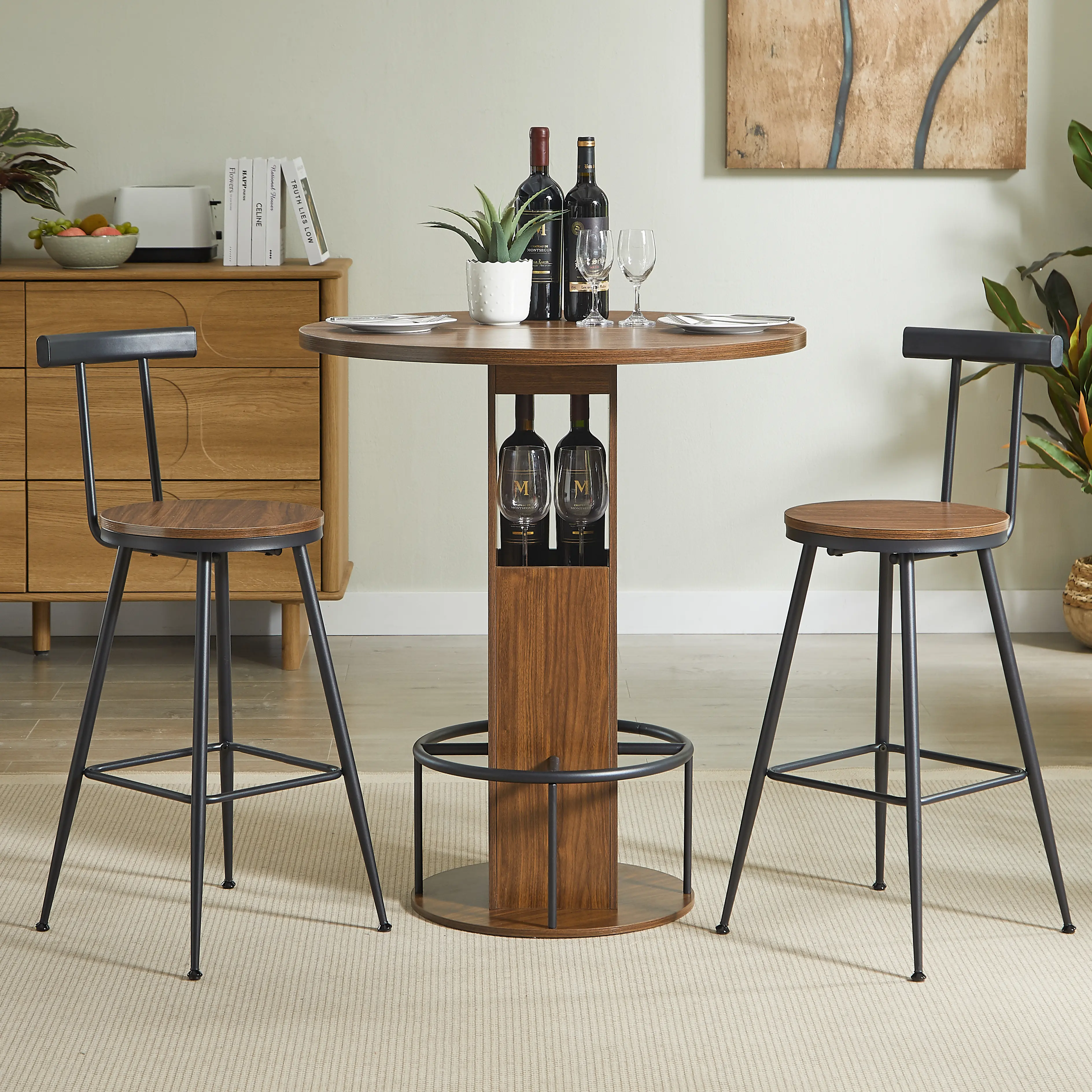 Aukfa Round Dining Table Set for 2, Dining Table with 2 Bar Stools, Storage Base & Footrest,Space-Saving Kitchen & Dining Table Set,Brown
