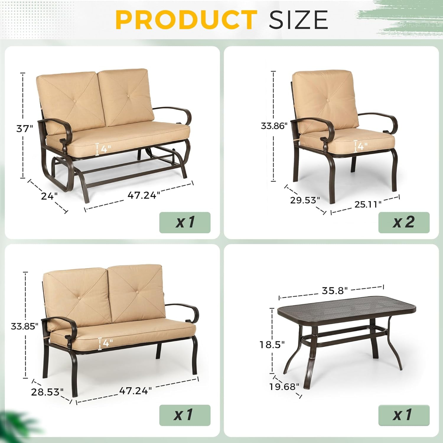 SUNCROWN 5-Piece Patio Furniture Set Outdoor Metal Conversation Set, Brown