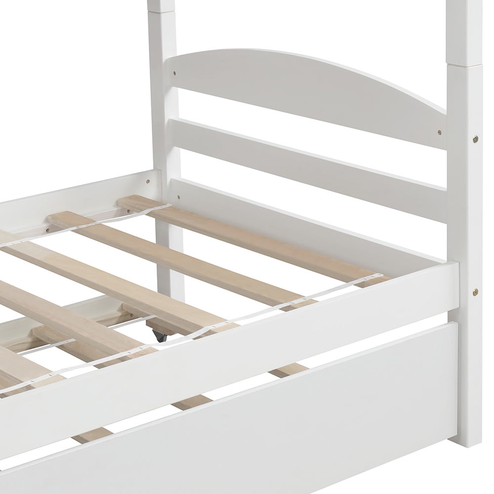 Private Jungle Twin Bunk Beds with Trundle, Solid Wood L-Shaped Loft Bed with Guard for Teens Bedroom, White