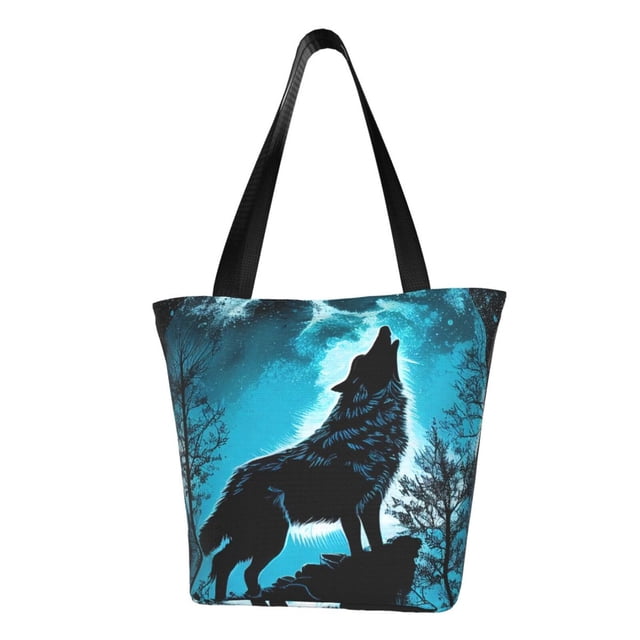 Fotbe Blue Full Moon Wolf Bolsa de Playa con Estampado, Bolsa de Hombro, Bolsa de Mano Espaciosa, Bolsa de Viaje Ligera, Bolsa de Compras Versátil