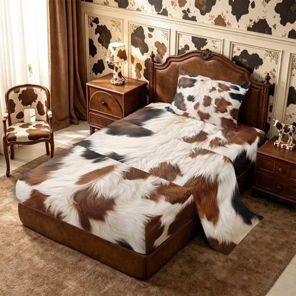 Manfei Farm Cow Spot Twin Sheets 3pcs,Abstract Animal Spot Bedding,Beige Brown,1 Flat Sheet,1 Fitted Sheet and 1 Pillowcase