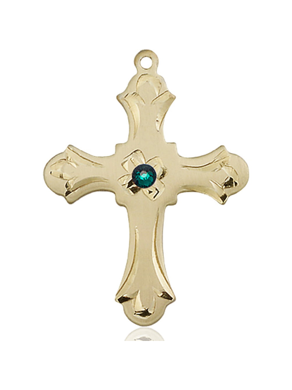 14kt Yellow Gold Cross Medal with 3mm May Green Swarovski Crystal 1 1/4 x  7/8 inches