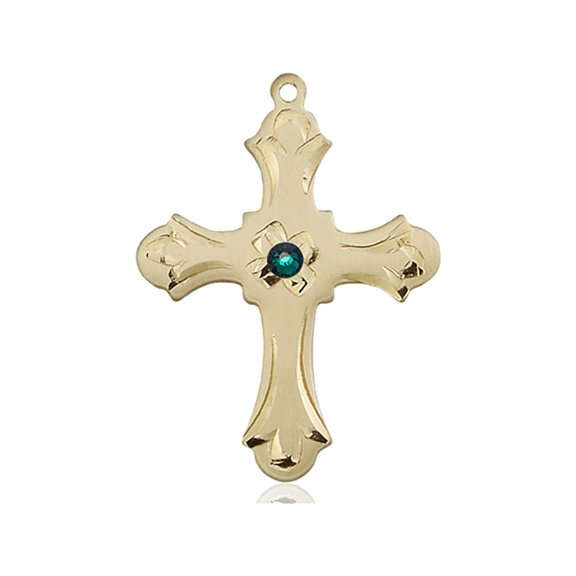 14kt Yellow Gold Cross Medal with 3mm May Green Swarovski Crystal 1 1/4 x 7/8 inches