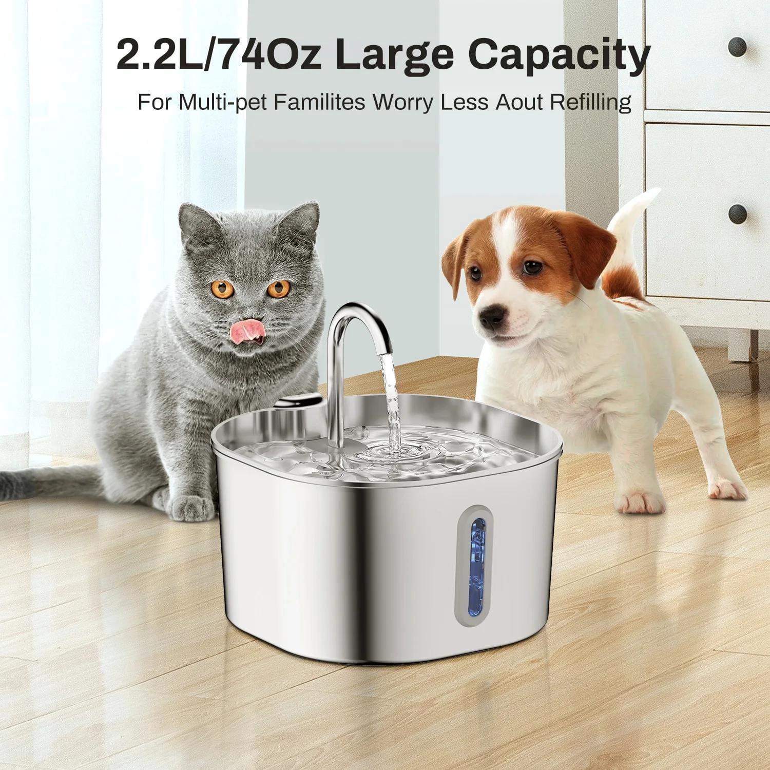 VoluVibe 2.2L Automatic Cat Water Fountain Square Stainless Steel Pet Water Feeder Dog Water Fountain with window（No 5V 1A Plug）