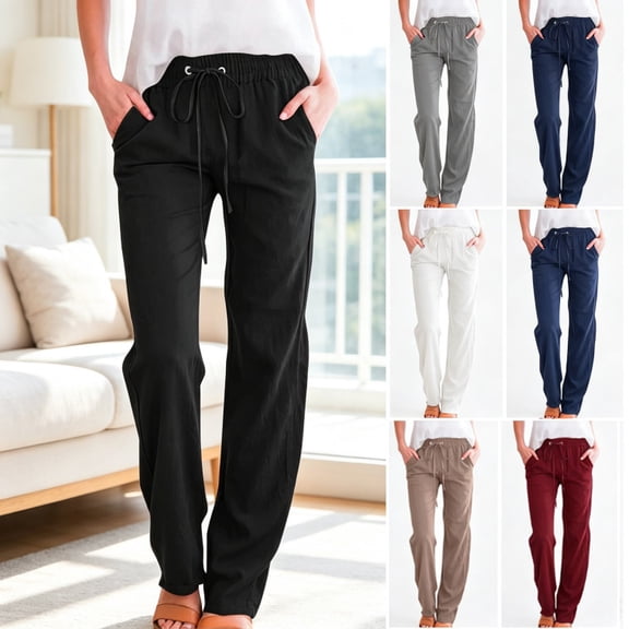HongQid Petite Straight Leg Pants Ladies Elastic Drawstring High Waist Casual Trousers Side Hand Pockets Soft Woven Daily Pants for Women