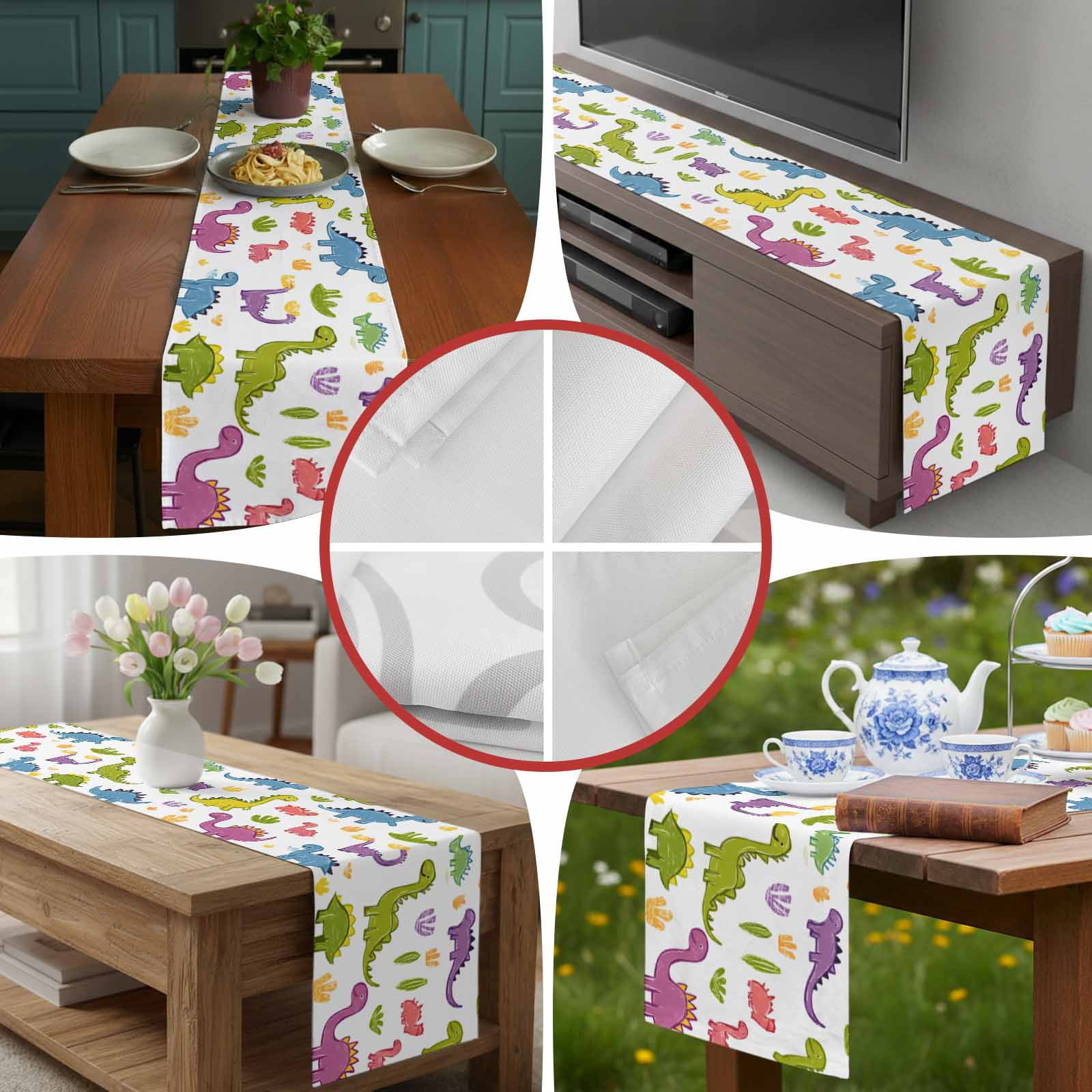 Modern Abstract Colorful Dinosaur Table Runner 90 Inches Long, Classical Cartoon Animal Table Runners Tabletop Scarf Kitchen Dining Tables Decoration for Home Party Indoor Outdoor