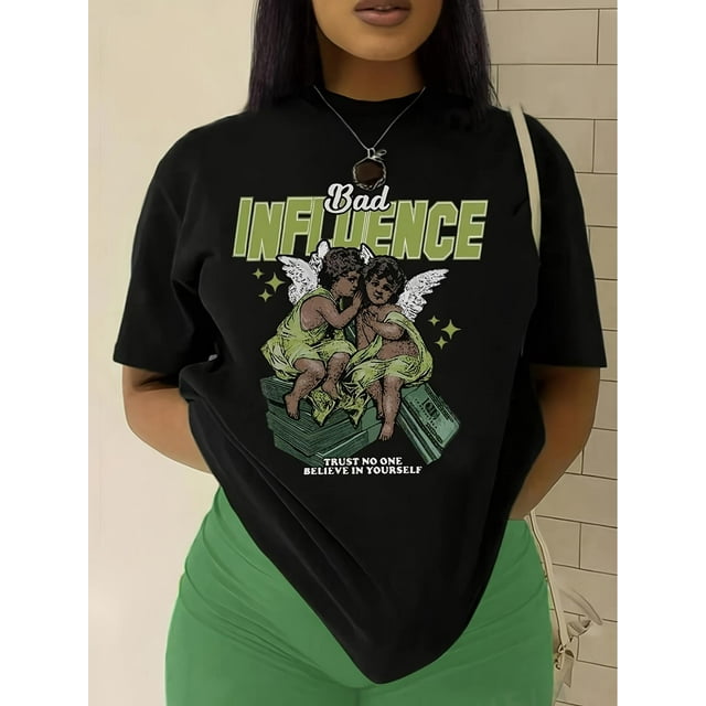 Short Sleeve Bad Influence Graphic Print Crew Neck T-shirt, Casual Spring & Summer Women's Clothing
