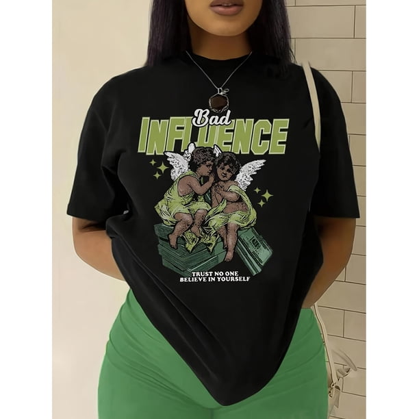 Short Sleeve Bad Influence Graphic Print Crew Neck T-shirt, Casual Spring & Summer Women's ClothingFCamisetas para mujer, lindas camisetas con estampado gráfico, de manga corta, estilo casual, para ve