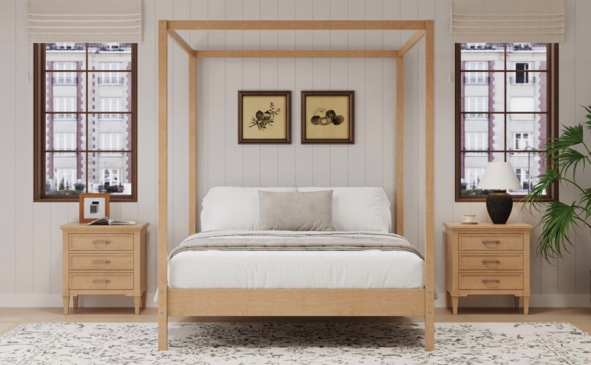Euroco Queen Size Canopy Bed, Wood Platform Bed with Four Poster, Natural
